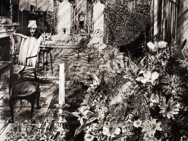 Charcoal drawing of a patio with a lizard hiding in a flower bed