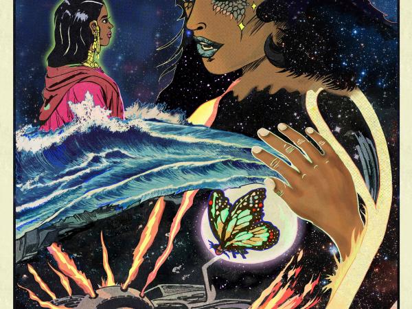 Colorful painting of a young Indian woman looking up to a larger-than-life goddess-sized woman