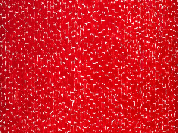 Abstract red painting with textured repeating lines