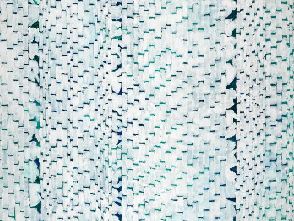 Abstract painting with very light white and green colors with repeating black lines