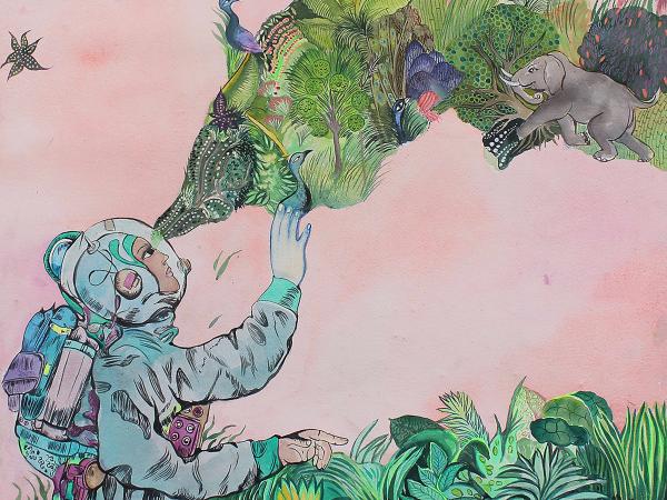 Watercolor painting of a figure in a spacesuit sitting and looking up to a dreamlike wolf-shaped creature