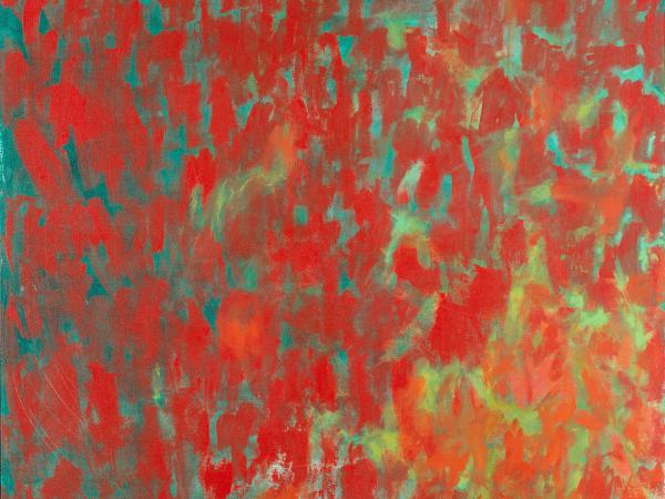 Abstract painting depicting splotches of color that resemble leaves