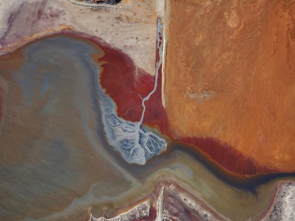 Aerial photograph of a lush red and orange earthy landscape