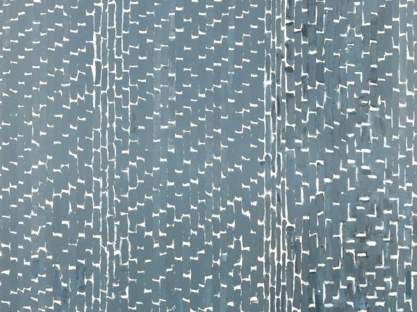 Abstract painting of a light gray background with jagged white patterned lines