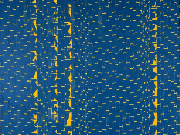 Abstrract painting with a dark blue background and repeating yellow patterned lines