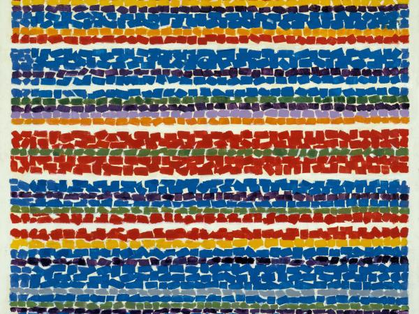 Abstract colorblock painting with alternating sections of blue, red, orange, yellow, and more