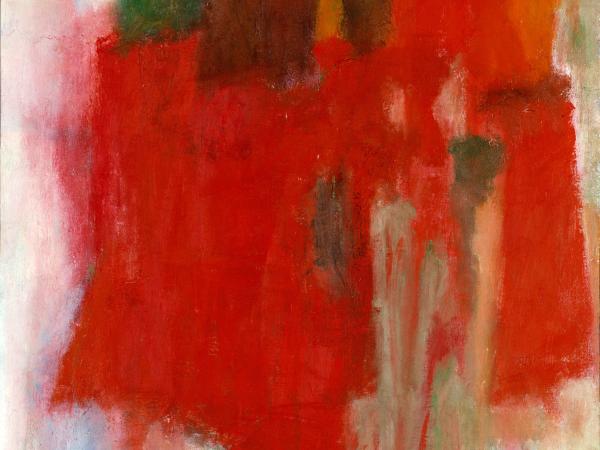 Abstract painting with red splotches that appear as if the painting is dripping down