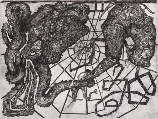 Charcoal abstract drawing of interlocking snake-like shapes