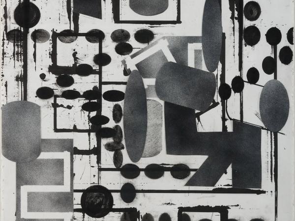 Abstract bauhaus-inspired pencil drawing of a composition of shapes, dots, and lines