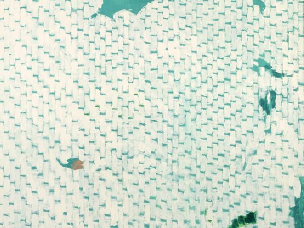Abstract painting of light green and creme colors with a repeating pattern made to resemble snow falling