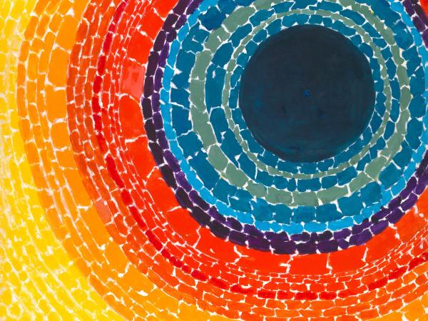 Circular colorblock painting with each layer resembling rays of the sun
