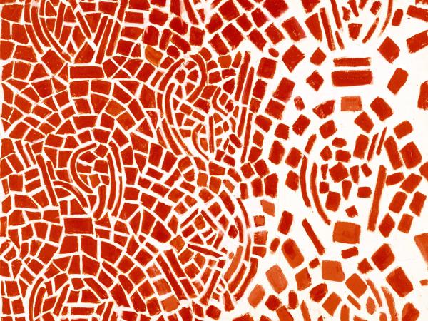 Red abstract painting of swirling tiles