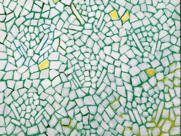 Abstract painting with light green repeating tiles
