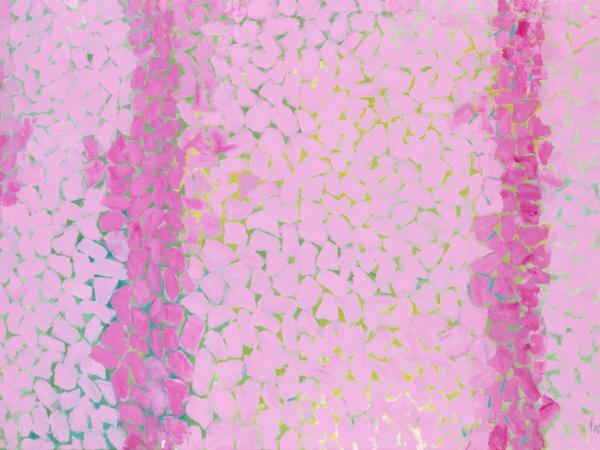 Pink abstract colorblock painting with light green webbed lines
