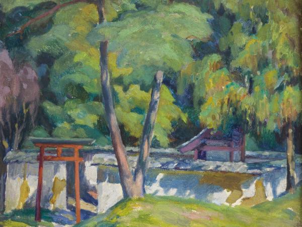 Lush Japanese forest garden with gate