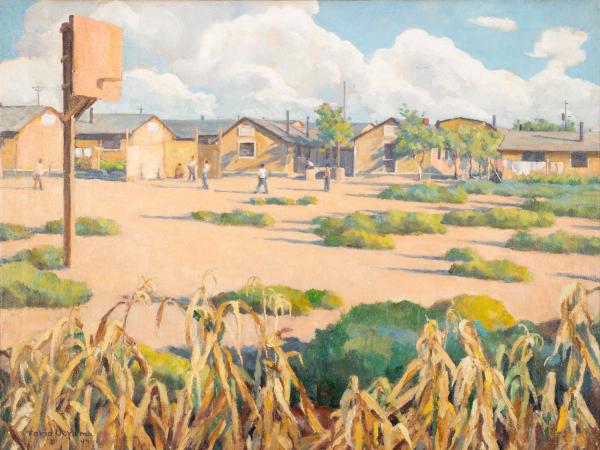 Painting of kids playing basketball against a backdrop of military housing 