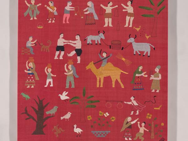 Red cloth depicting scenes of people and animals