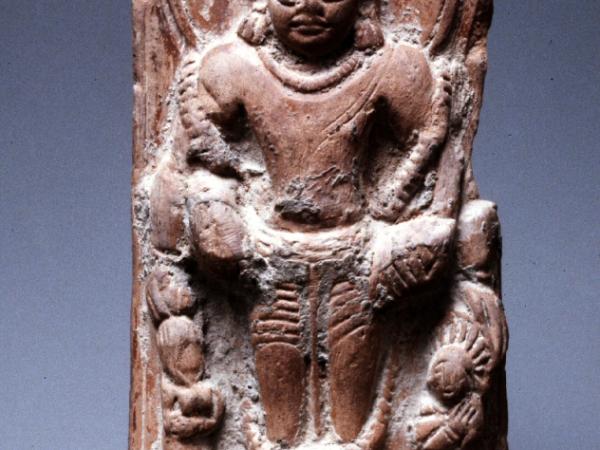 Terracotta sculpture of the Vishnu figure sitting on a throne