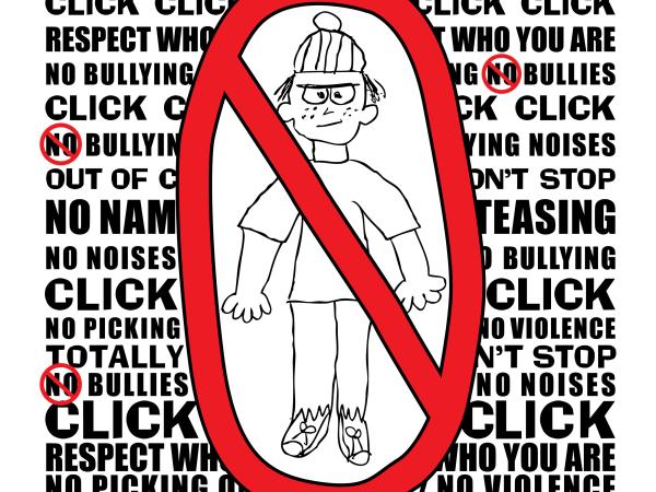 text that reads no bullying no teasing no bullying noises and a drawing of a bully crossed out