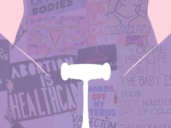 a woman's torso with a gavel and the words abortion is a personal decision not a legal debate