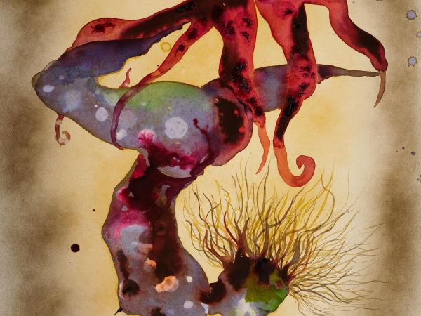 Female figure upside down with an octopus on top of her legs