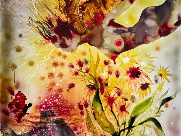 Figure resembling a woman and a butterfly descending in the air with outstretched arms