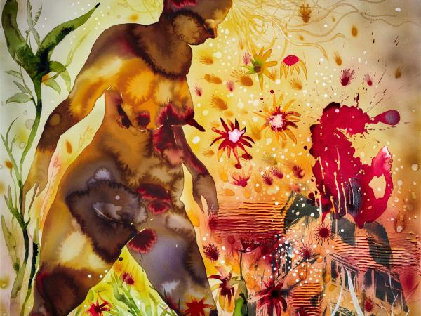 Figre emerging tall out of a fiery flower bed