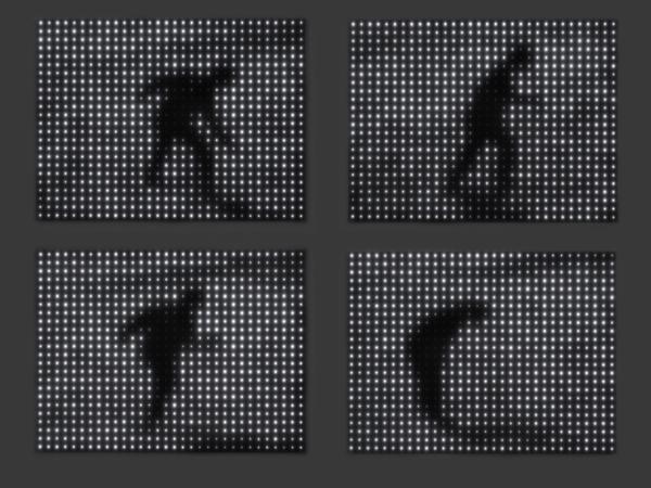 Four paneled artworks featuring a dark and shadowy man in various poses