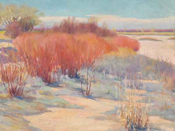Painting of red brush bushes in a desolate desert landscape