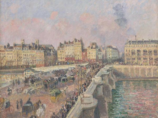 A bustling bridge with people and carriages just as the sunrises in the sky