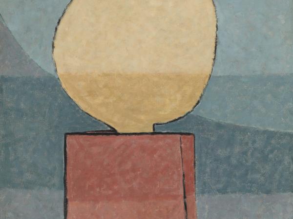 Abstract painting of circles and shapes resembling a moon jar