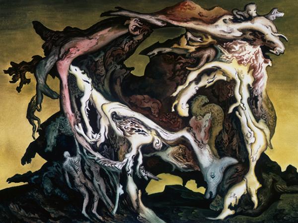 Surrealist watercolor painting of a nightmare landscape
