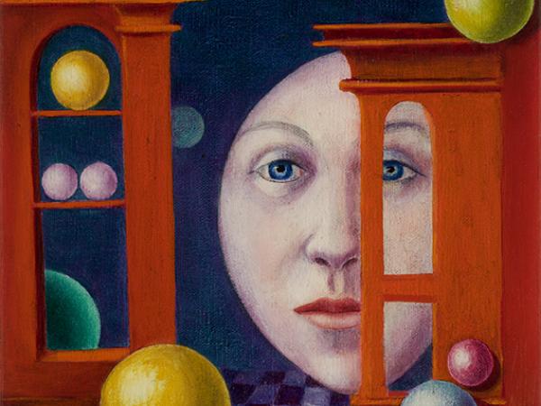 Surrealist painting of a face looking in on a doorway
