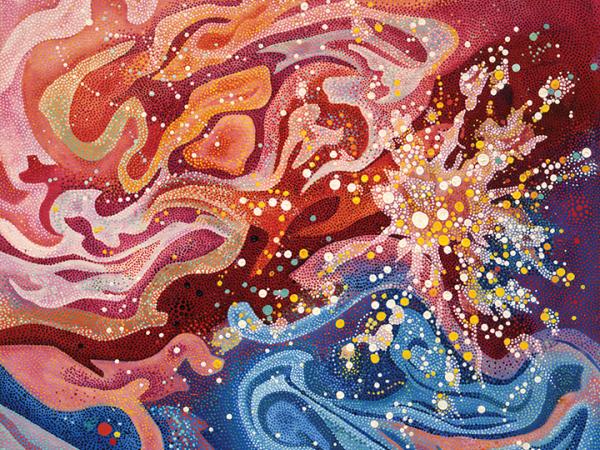 Abstract swirling colors artwork of reds and blues melting into each other