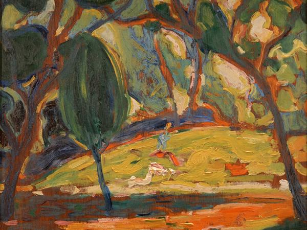 Autumnal nature setting with overhanging trees and orange leaves