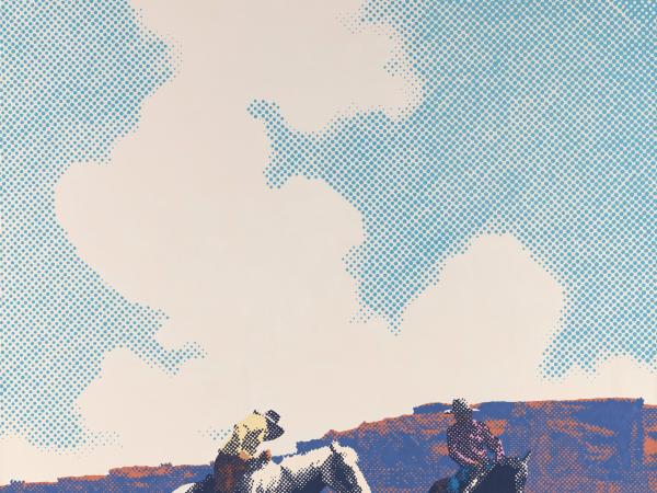 Enamel print painting of two cowboys on horseback in the desert