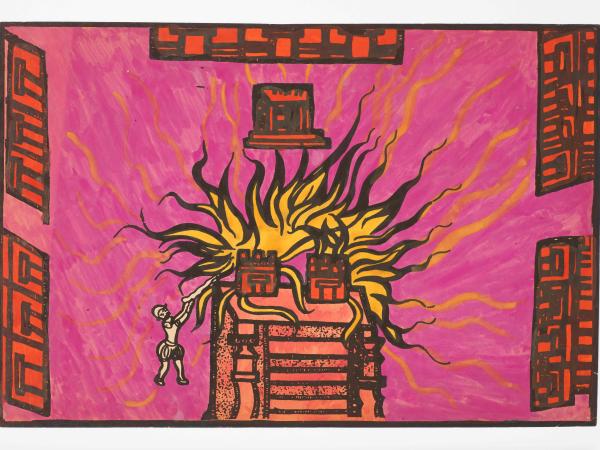 Watercolor painting of a temple on fire