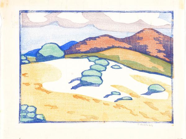 Woodblock pastel-colored painting of a scenic mountain valley in New Mexico