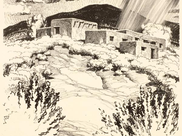 Lithograph drawing of a group of dwellings in a light rain