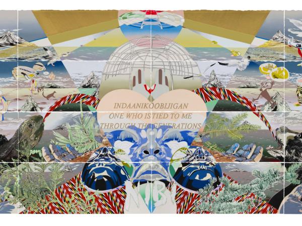 Large, surreal tapestry of a mountain landscape and abstract faces, animals, and images