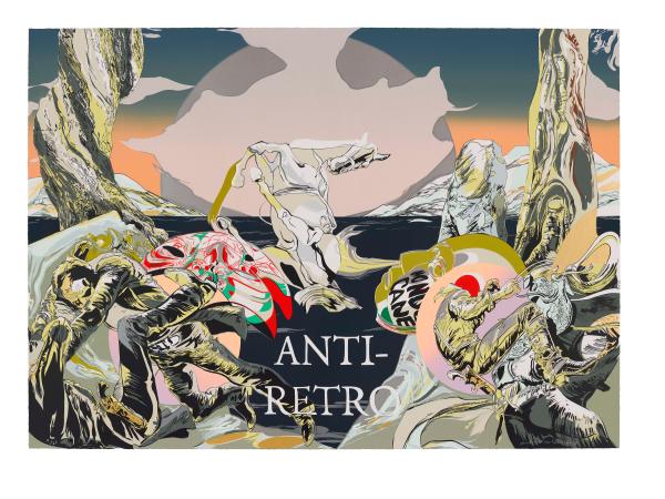 Screenprint artwork with the words "anti-retro" set against an abstract backdrop of human figures and waves