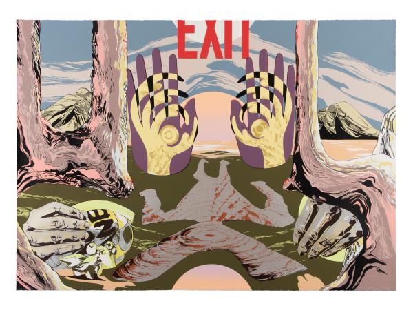 Surreal landscape with larger-than-life heads inviting the eye toward an exit sign