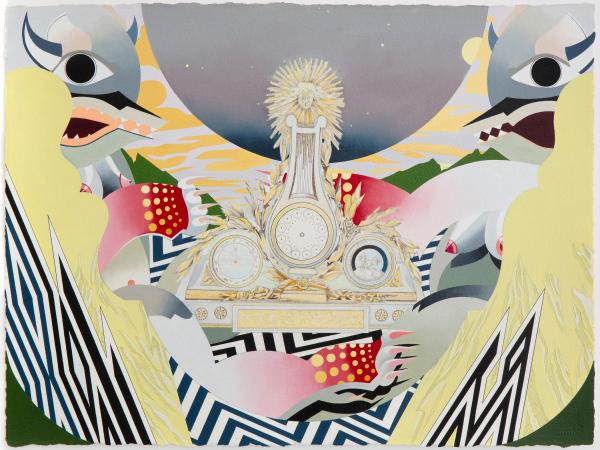 Angelic figure in the middle of a surreal, abstract scene with large monster-like eyes flanking the sides