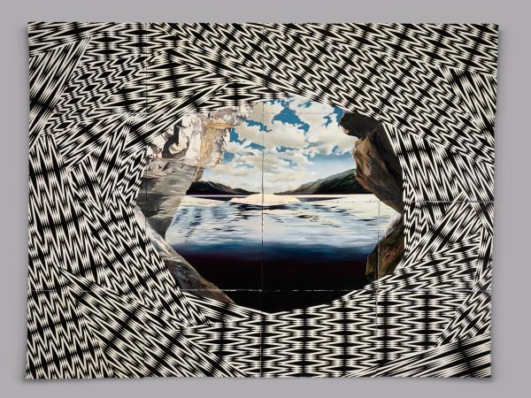Serena lake landscape in the center of a swirling black and white-patterned vantage point