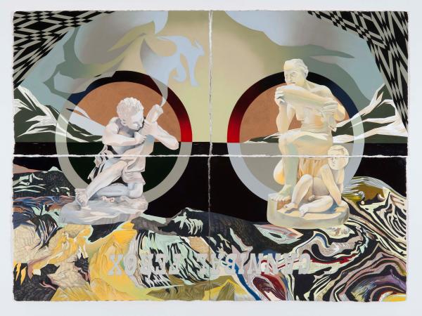 Larger-than-life white sculpture-like figures set against a surreal, colorful landscape