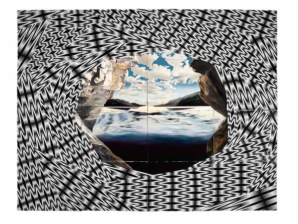 Serena lake landscape in the center of a swirling black and white-patterned vantage point