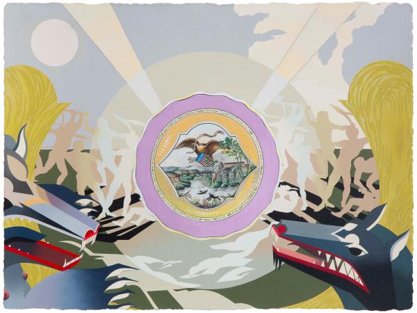 Wolves gazing at a surreal sun-like circular designed to look like a world-within-a-world.