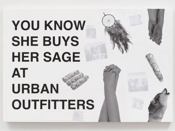Collage with the text "you know she buys her sage at Urban Outifitters"