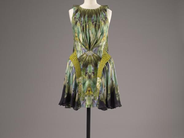 Green and feather-patterned Alexander McQueen sleek dress