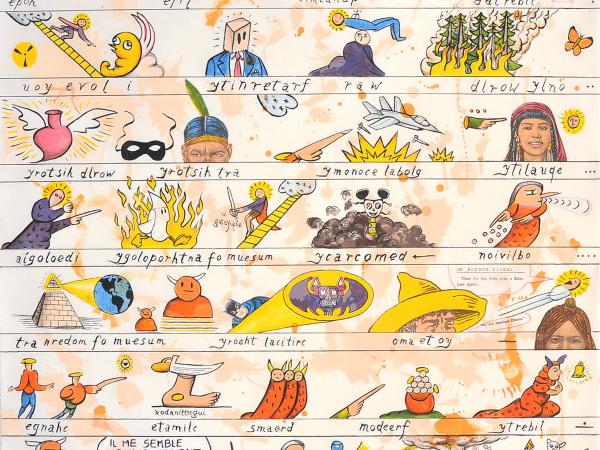 Codex panel depiciting small images and iconography about Mexico, styled like a cartoon strip